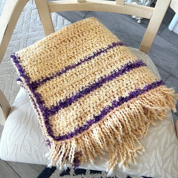 Handmade Crocheted Afghan Throw Blanket  Yellow Purple Soft Fringe 30x 70 in - Picture 4 of 9